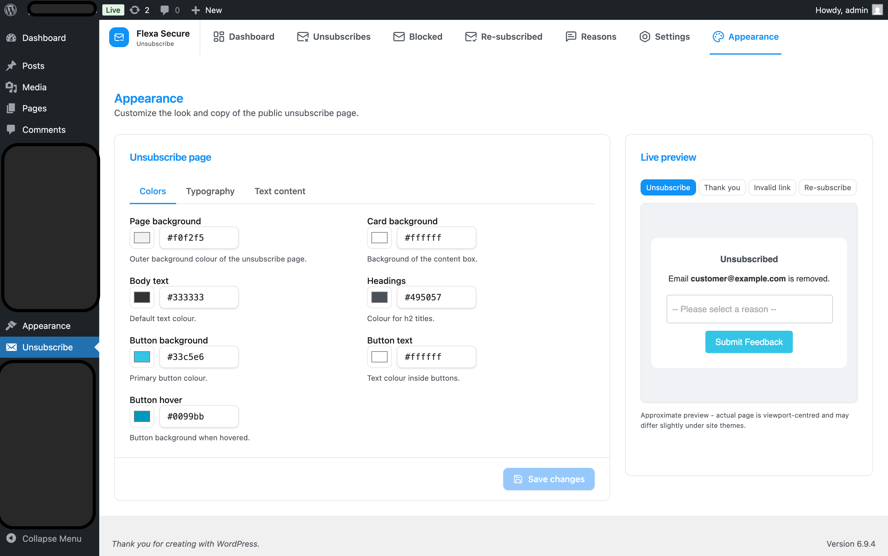 Appearance editor on the left with the live preview of the public page on the right