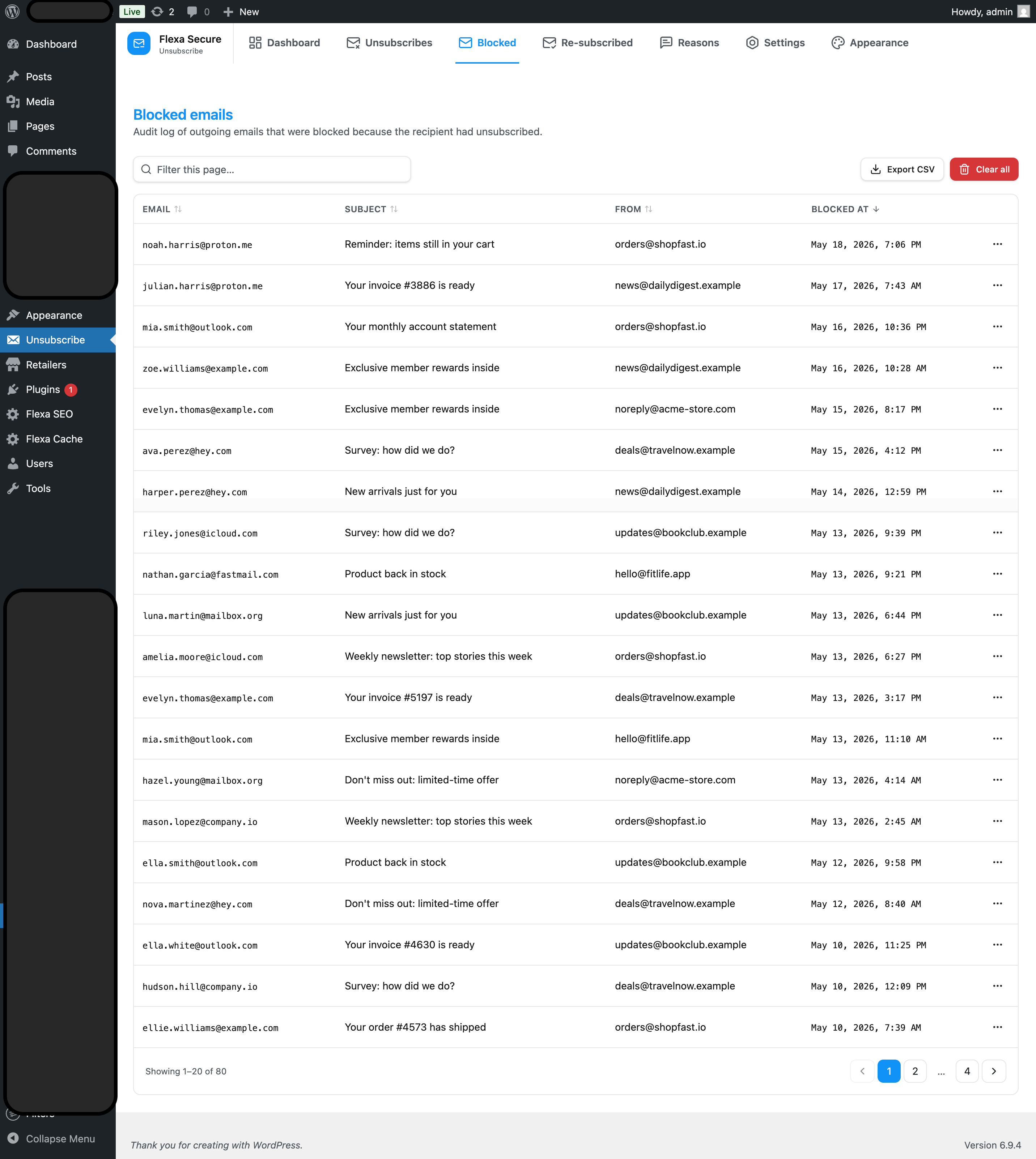Blocked Emails log showing recipient, subject, sender and blocked date