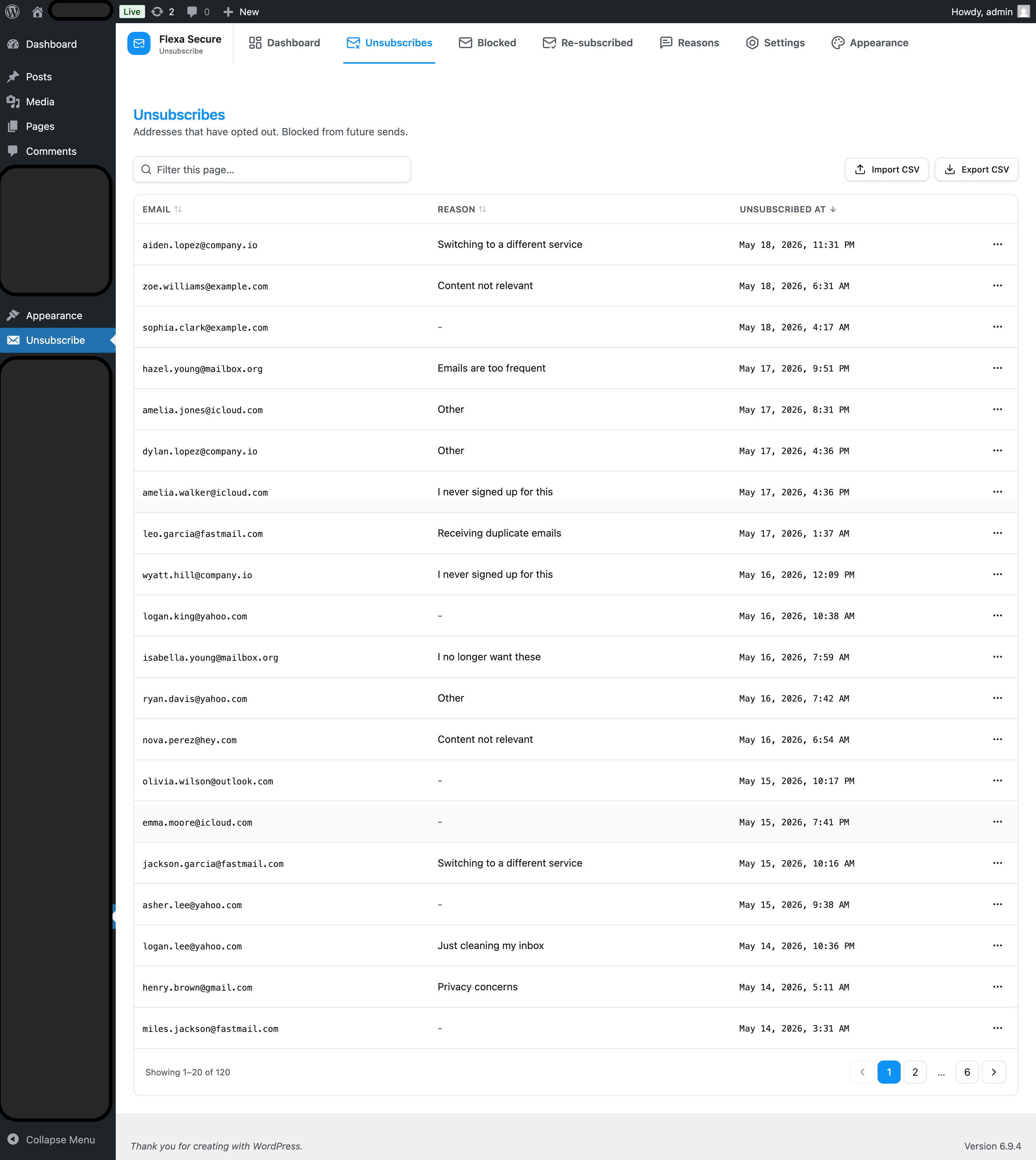 A list screen with the Export CSV button highlighted