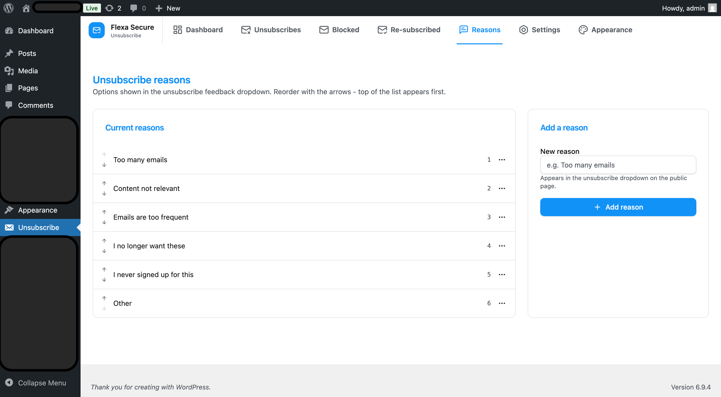 Reasons manager with add, edit, reorder and delete controls