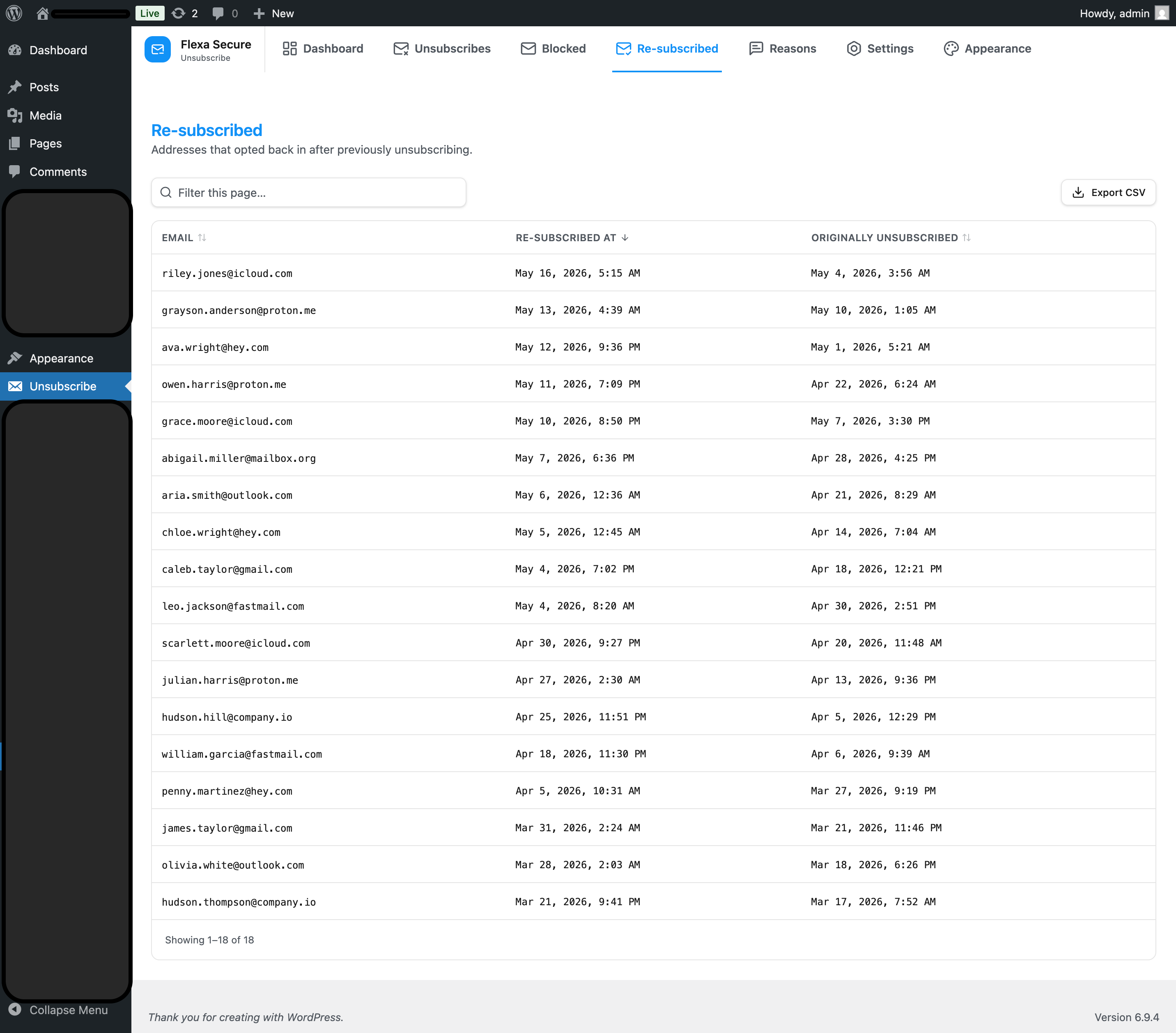 Re-subscribed list with original opt-out date and re-subscribe date