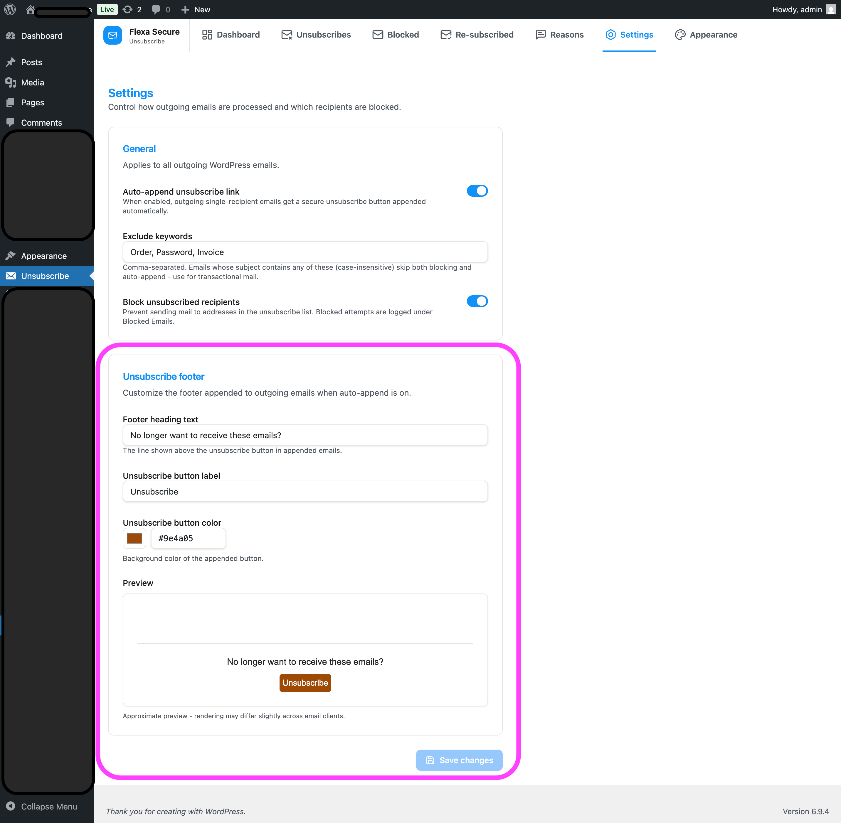 The “Unsubscribe footer” block: heading text, button label and colour picker