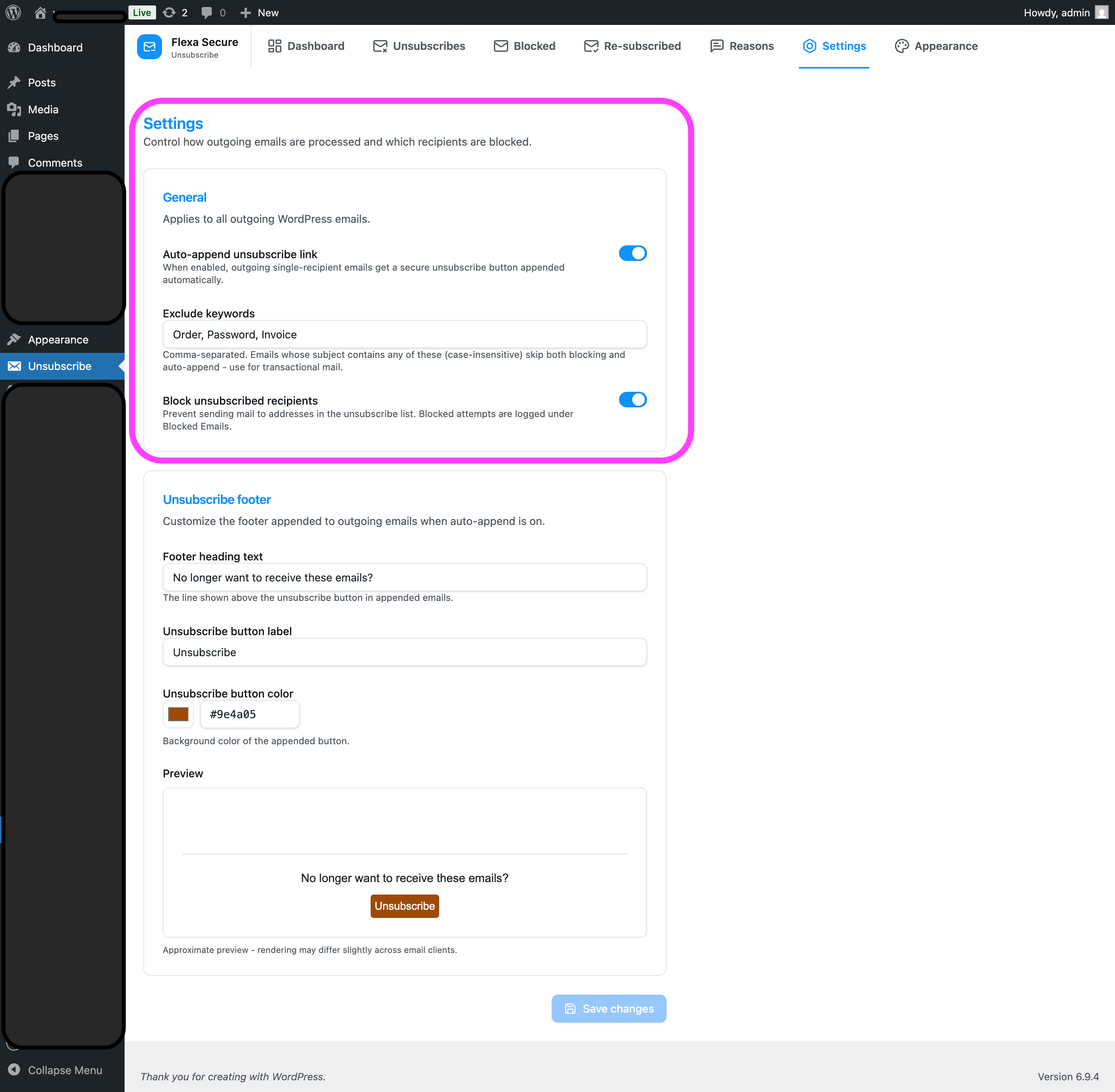 Settings → General with the auto-append / blocking toggles and exclude keywords