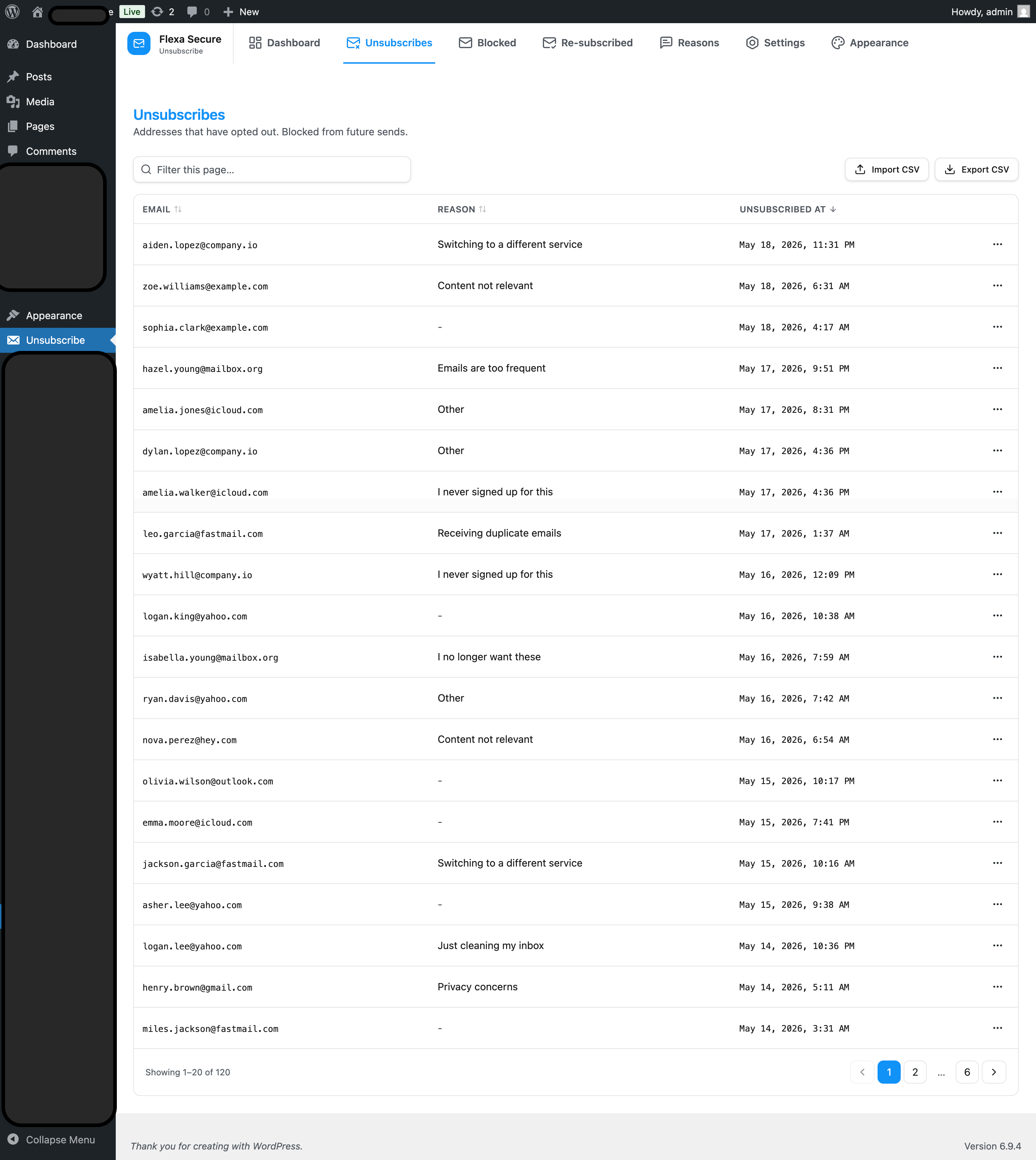 Unsubscribes list with search box, sortable columns and pagination